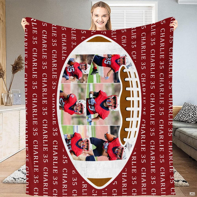 Close view of athletic ball silhouette and youth action photo collage on blanket