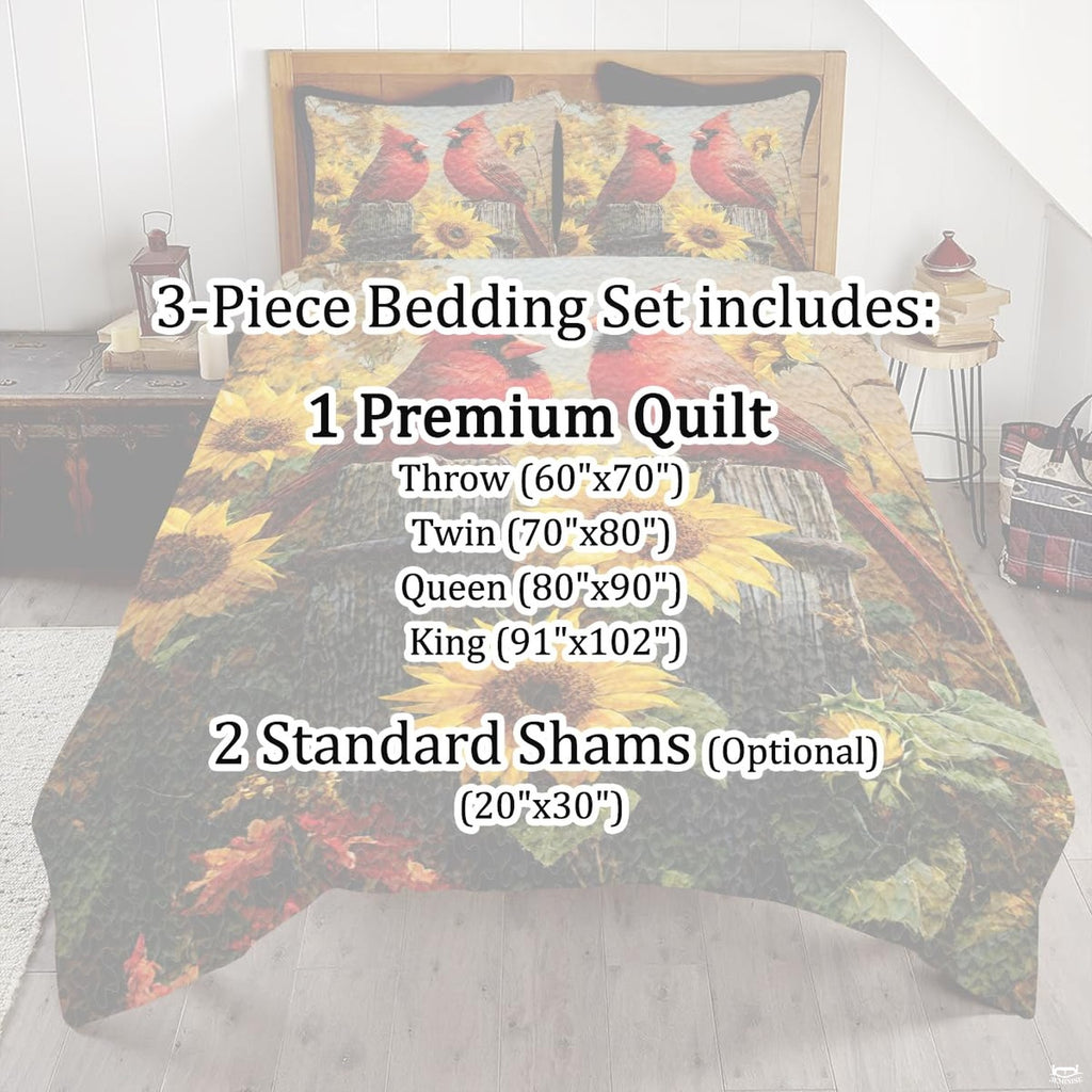 Scenic bedroom styling showcasing rustic autumn sunflower and red cardinal art motif on bedding.