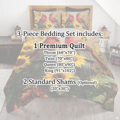 Scenic bedroom styling showcasing rustic autumn sunflower and red cardinal art motif on bedding.