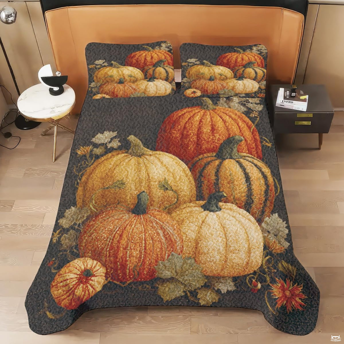 Detailed view of green-striped squash and orange pumpkin motifs on dark background.