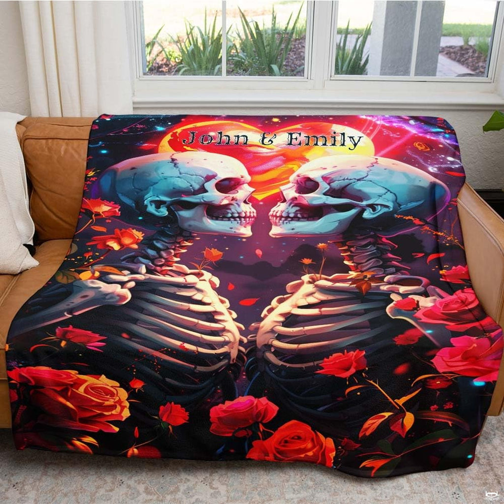 Gothic romance room setting featuring skeleton couple rose throw blanket