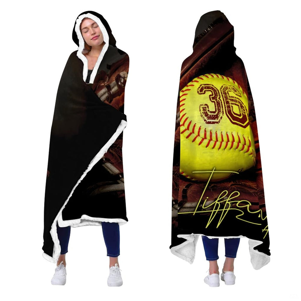 Softball in crimson glove sports design blanket worn as hooded wrap