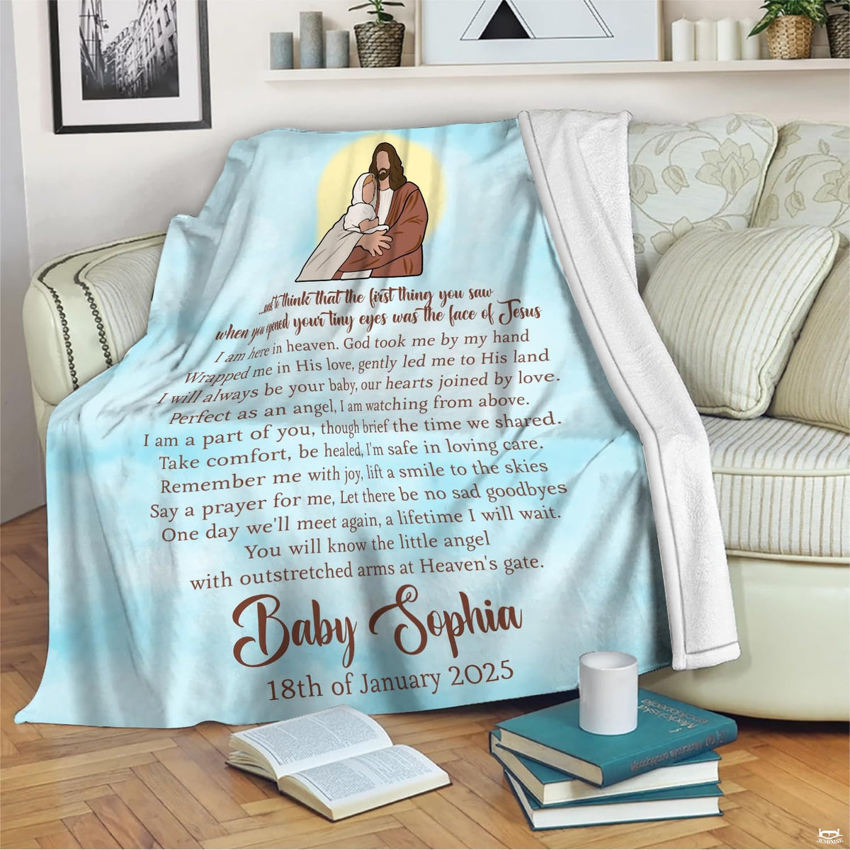 Stylized bedroom scene highlighting the peaceful watercolor aesthetic of halo bedding set.
