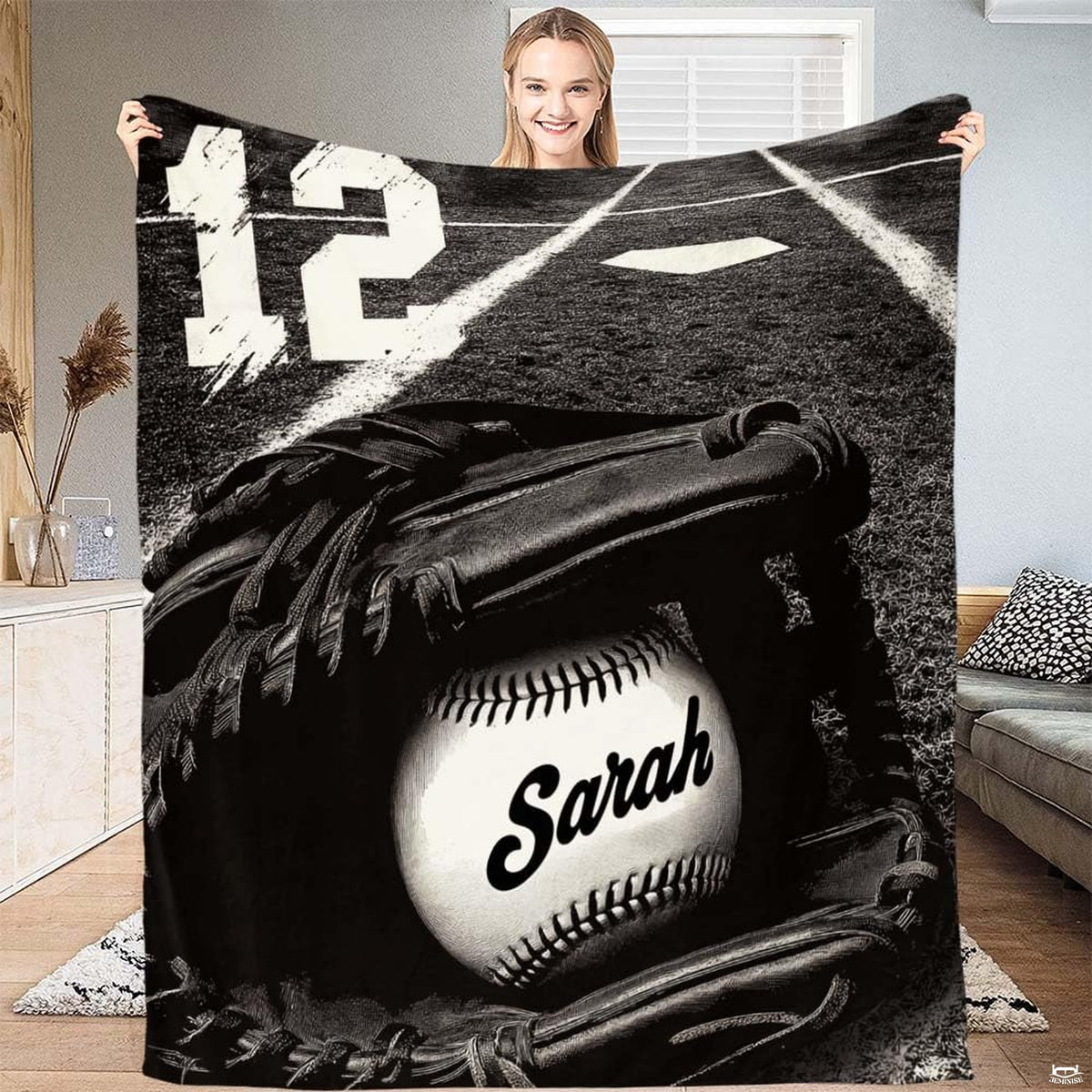 Black and white baseball sports graphic blanket unfolded flat view