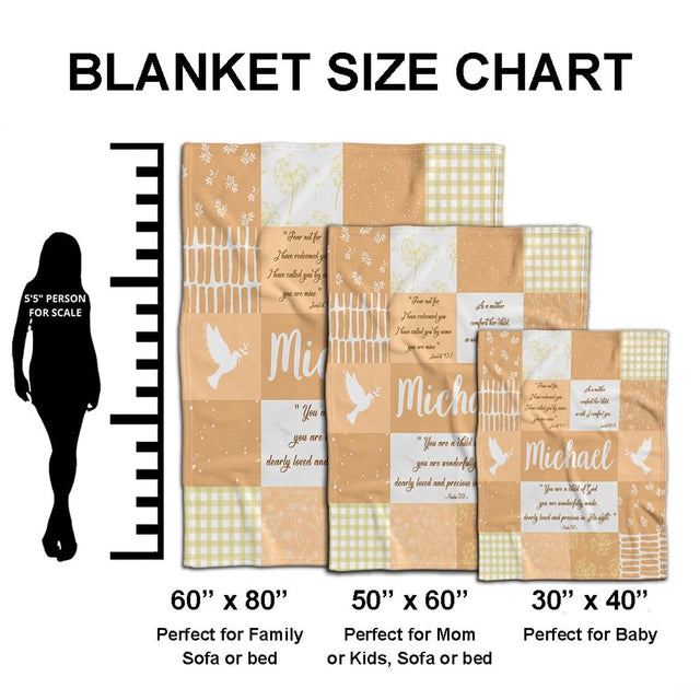 Peace dove honey peach gingham blanket held outdoors in park setting