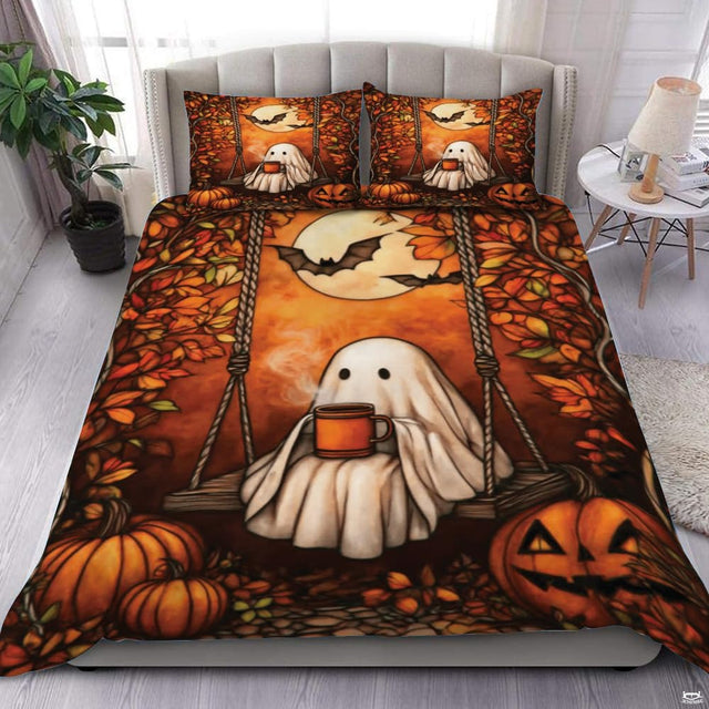 Cute ghost on porch swing autumn bedding with pumpkins - view 1