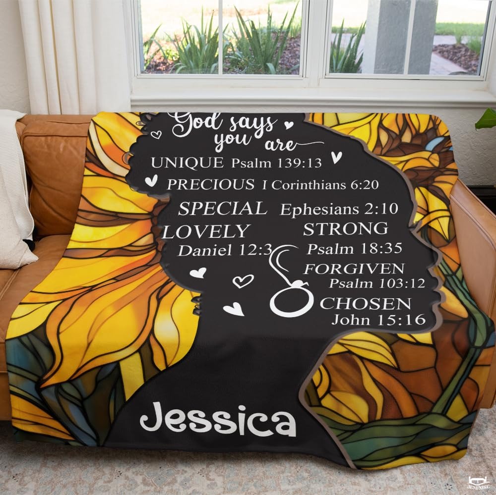 Personalized Sunflower Christian Blanket with Bible Verses – Custom Name Faith Gift for Her
