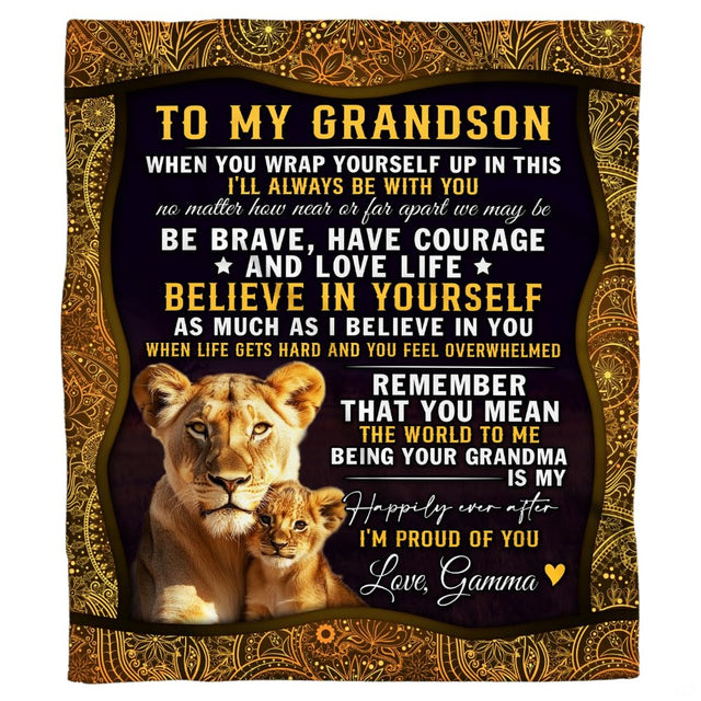 Affectionate lioness and cub illustration surrounded by an ornate golden filigree mandala frame.