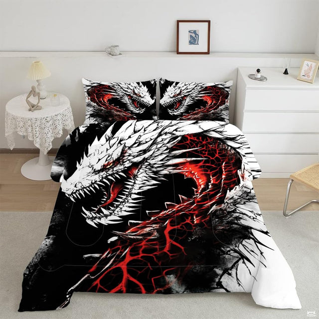Overhead bedroom view of gothic bedding featuring roaring white dragon with glowing crimson magma veins.