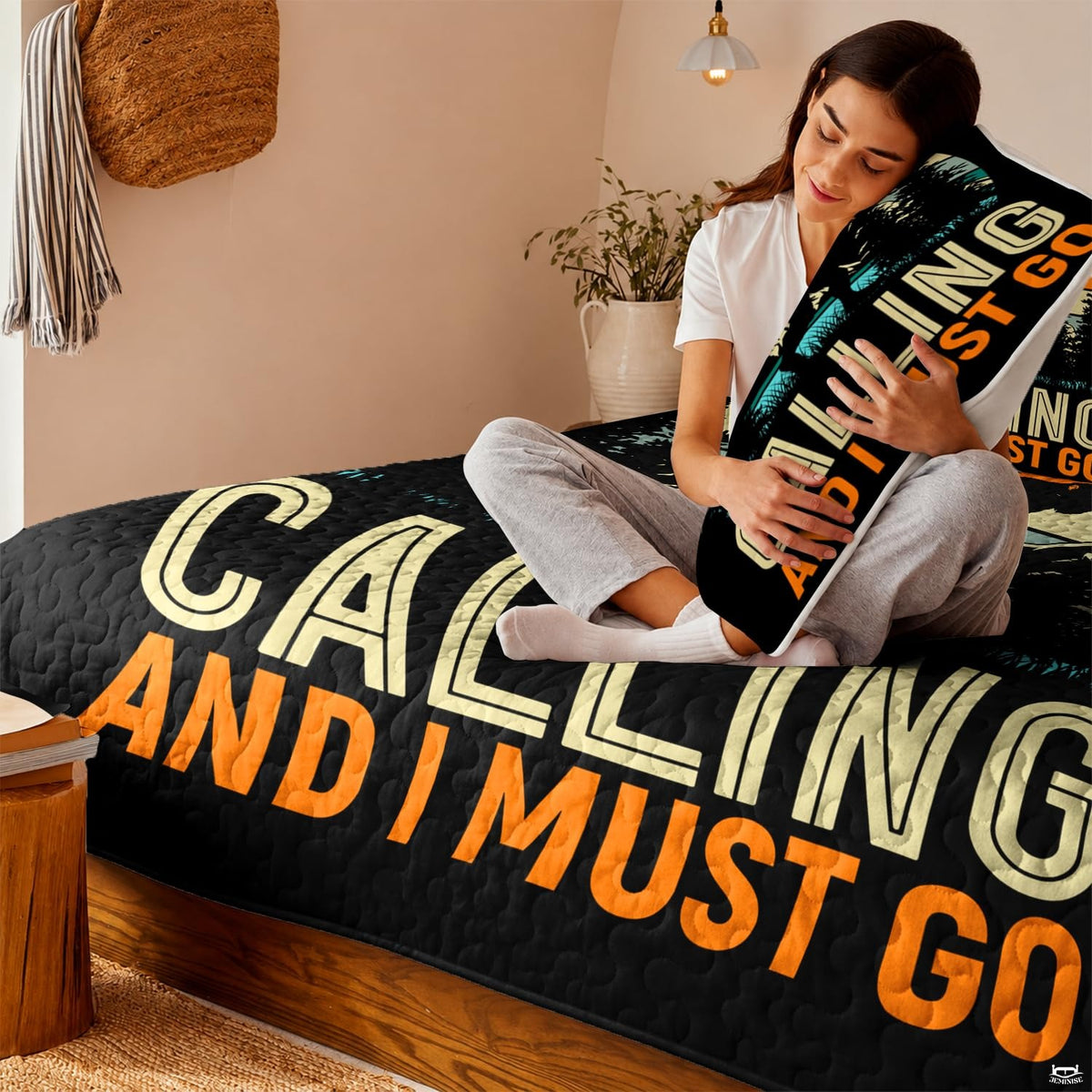 thematic accent bedroom scene featuring retro outdoor day bed set styling with Bigfoot landscape artwork.