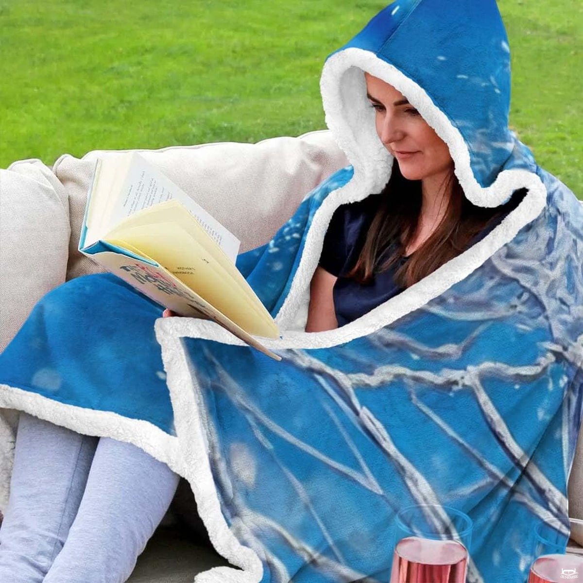 Flat spread layout of rectangular soccer goal net sports blanket showing full artwork