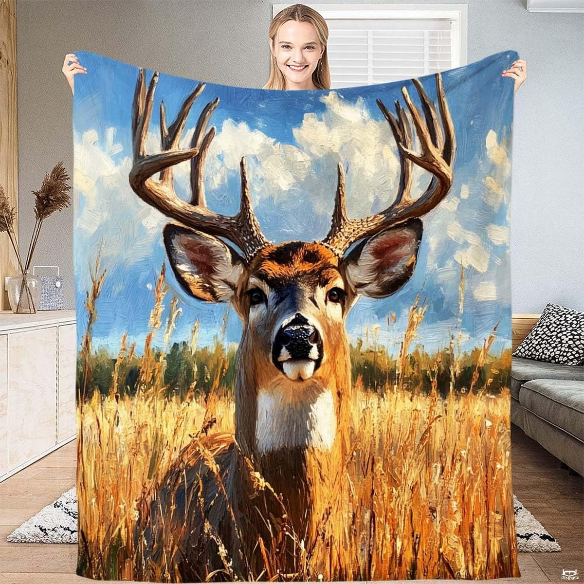 Oil painting style buck deer standing in tall golden grassland on this deer print bedding set design.