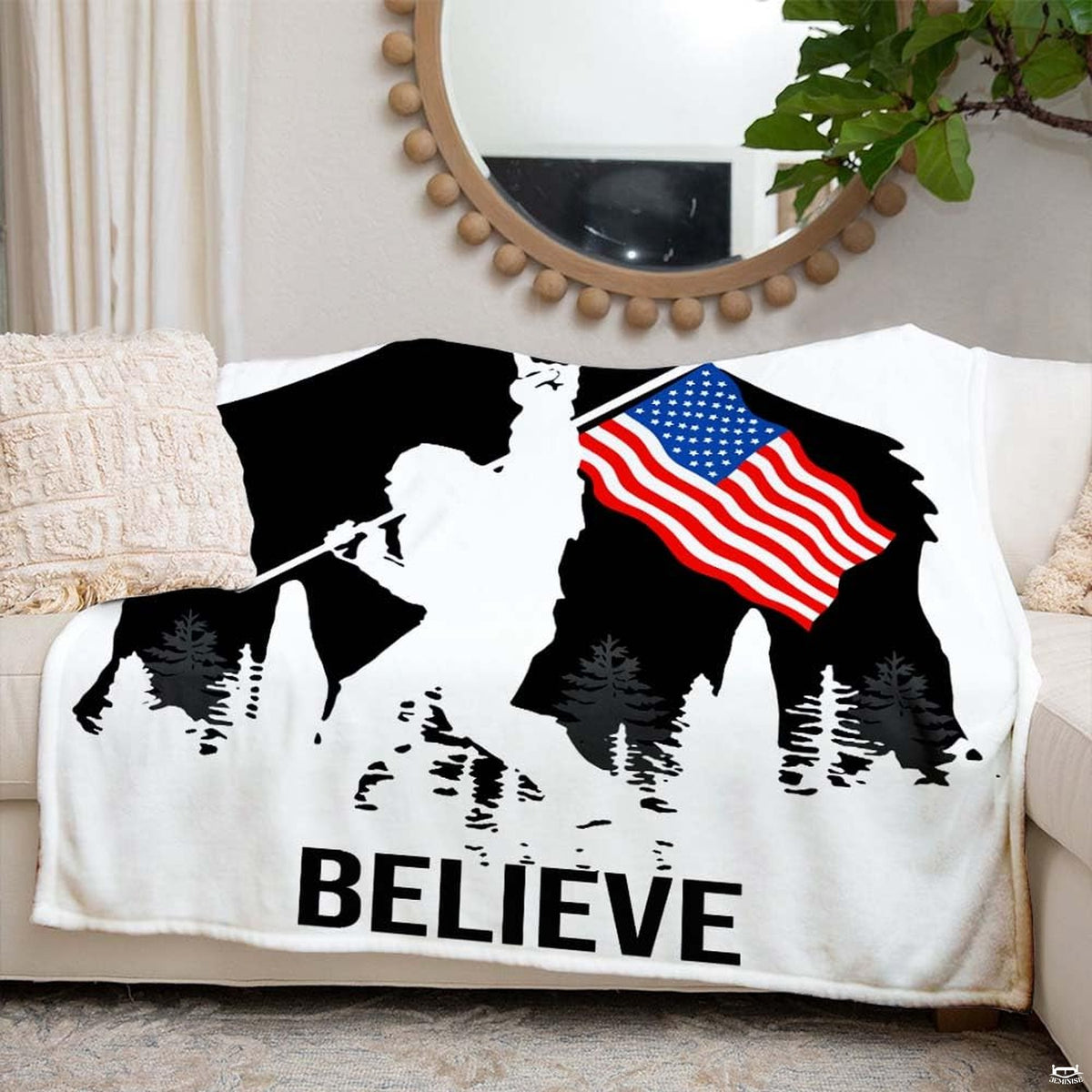 Bigfoot silhouette with rock hand sign, American flag, pine trees, and bold typography, view 4.