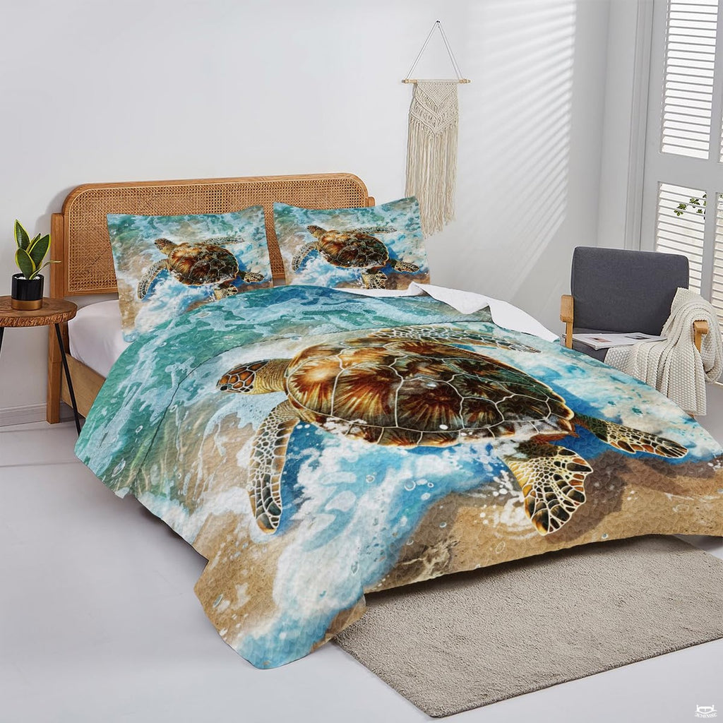 Overhead perspective of turtle bedding arranged across an ocean island-inspired mattress