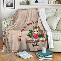 Personalized Reading Girl on Book with Flowers Blanket - Book Lover
