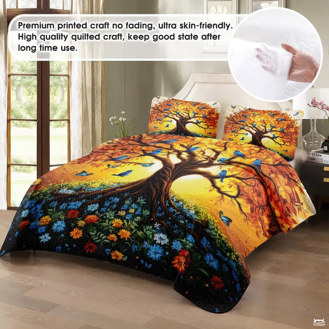 Personalized Autumn Tree of Life Birds & Flowers Quilt Sets