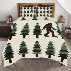 Rustic pine forest Bigfoot bedding set featuring an iconic Sasquatch silhouette and evergreen trees on a bed