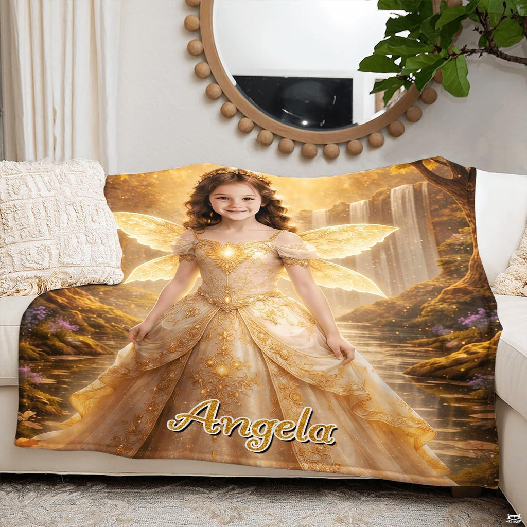 Atmospheric view of fairy bedding set with radiant golden butterfly wings and twilight lakeside landscape.