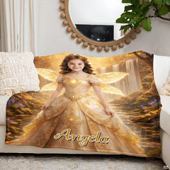Atmospheric view of fairy bedding set with radiant golden butterfly wings and twilight lakeside landscape.