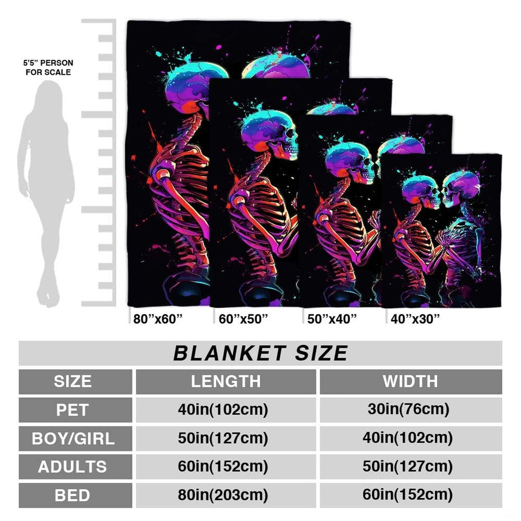 Neon paint splatter skeleton lovers throw blanket styled on modern bed