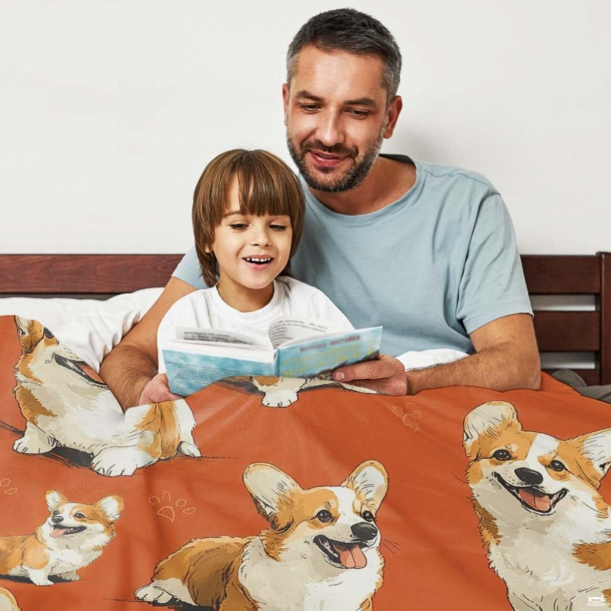 Bedroom decor styled with playful corgi dog pattern bedding and earthy accents.