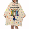 Floral bookshelf reader throw blanket featuring an illustrated reader with colorful books and flowers