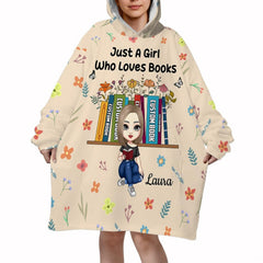Floral bookshelf reader throw blanket featuring an illustrated reader with colorful books and flowers