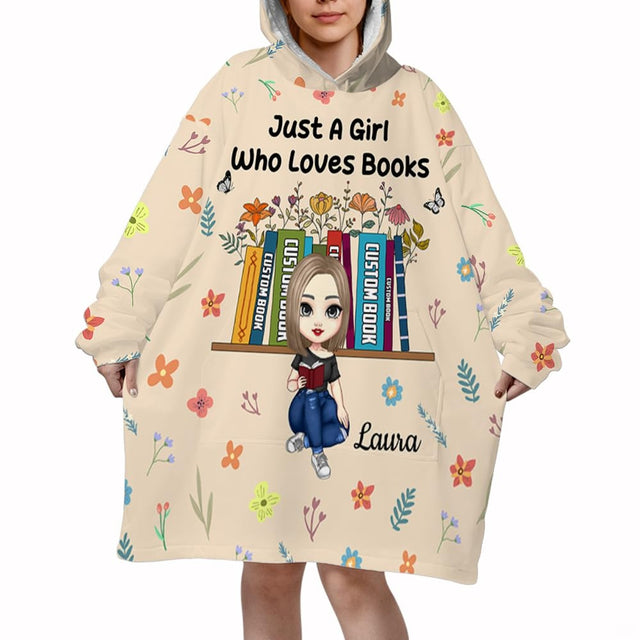 Floral bookshelf reader throw blanket featuring an illustrated reader with colorful books and flowers