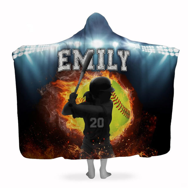 Fiery softball hitter stadium lights graphic blanket front view