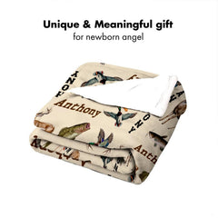 Folded hunting themed bedding sets revealing underside contrast and outdoor sketches.