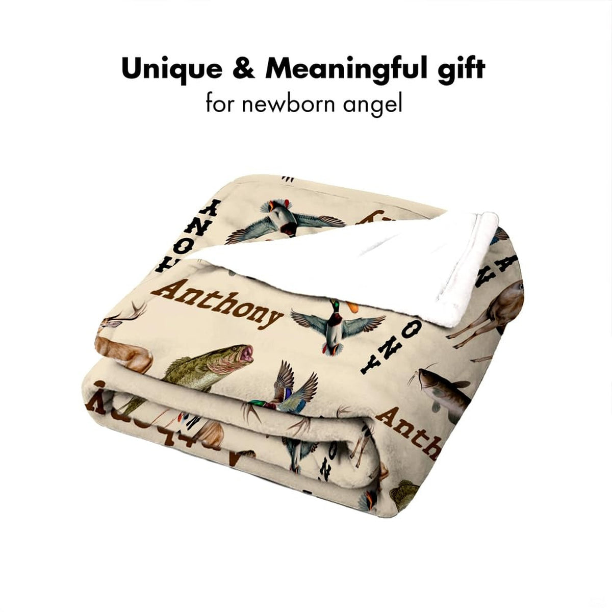Folded hunting themed bedding sets revealing underside contrast and outdoor sketches.