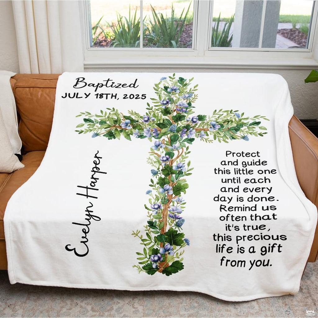 Baptism design with botanical floral wooden cross and blessing verses, view 5.