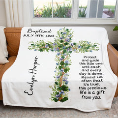 Baptism design with botanical floral wooden cross and blessing verses, view 5.