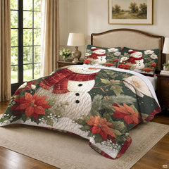 Close up of smiling snowman wearing red knit plaid scarf on winter holiday bedding set.