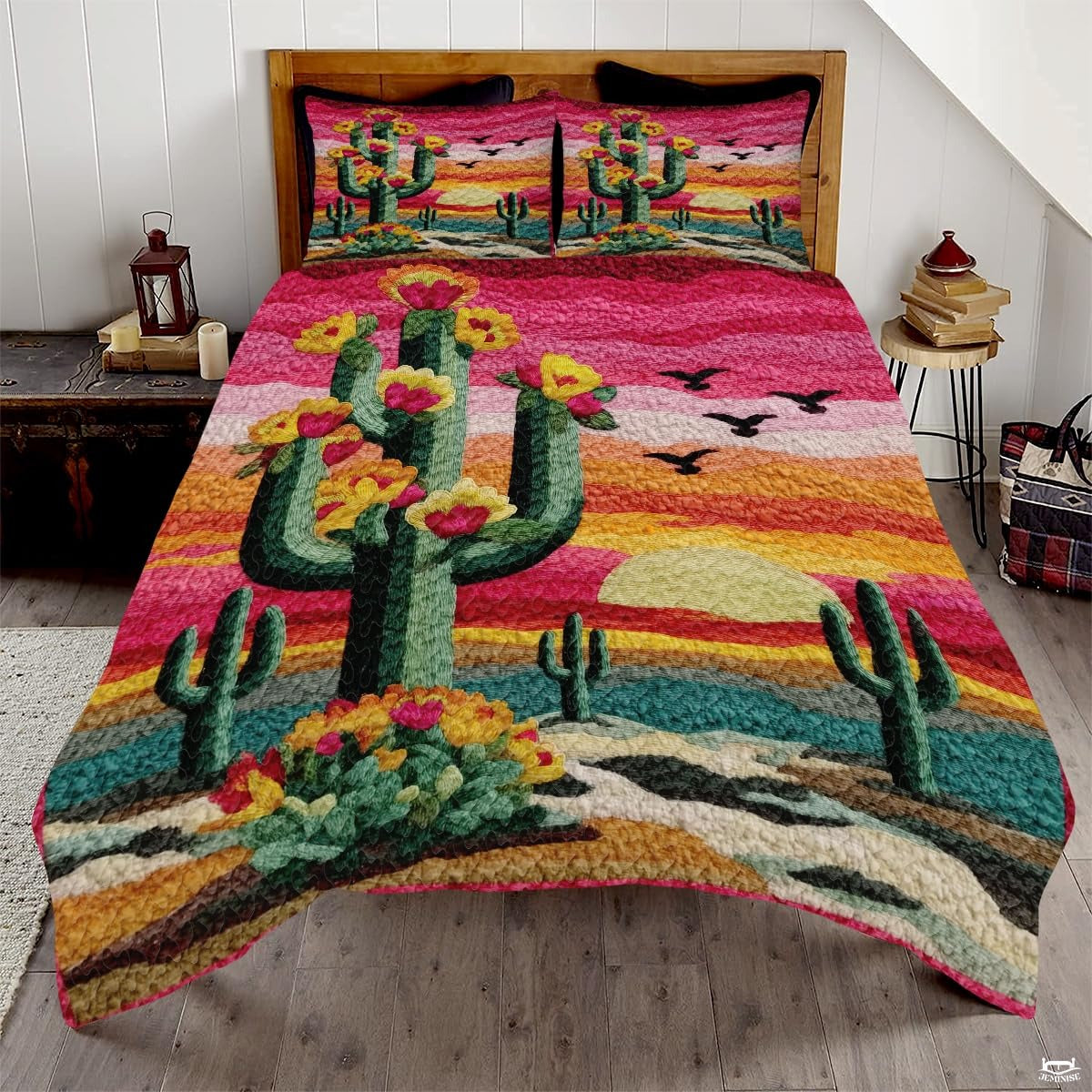 Personalized Desert Sunset Cactus Floral Quilt Set, Machine Washable