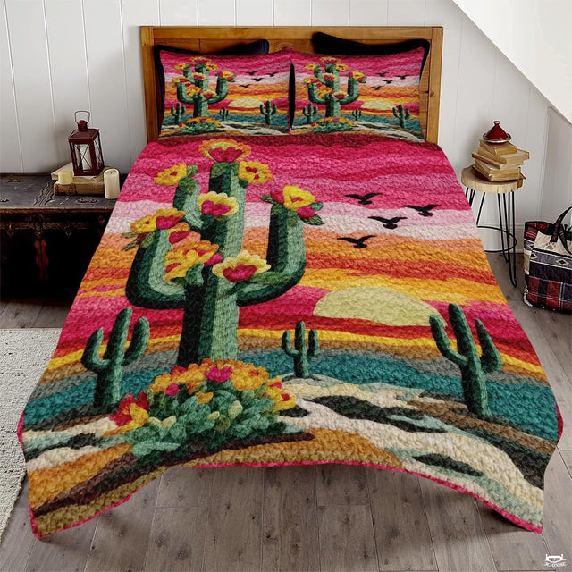 Personalized Desert Sunset Cactus Floral Quilt Set, Machine Washable