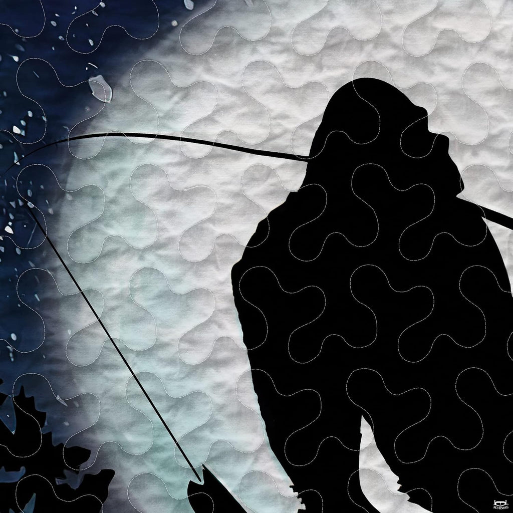 Close-up perspective of Bigfoot bedding detailing luminous moon glow, fishing rod silhouette, and lake blue water