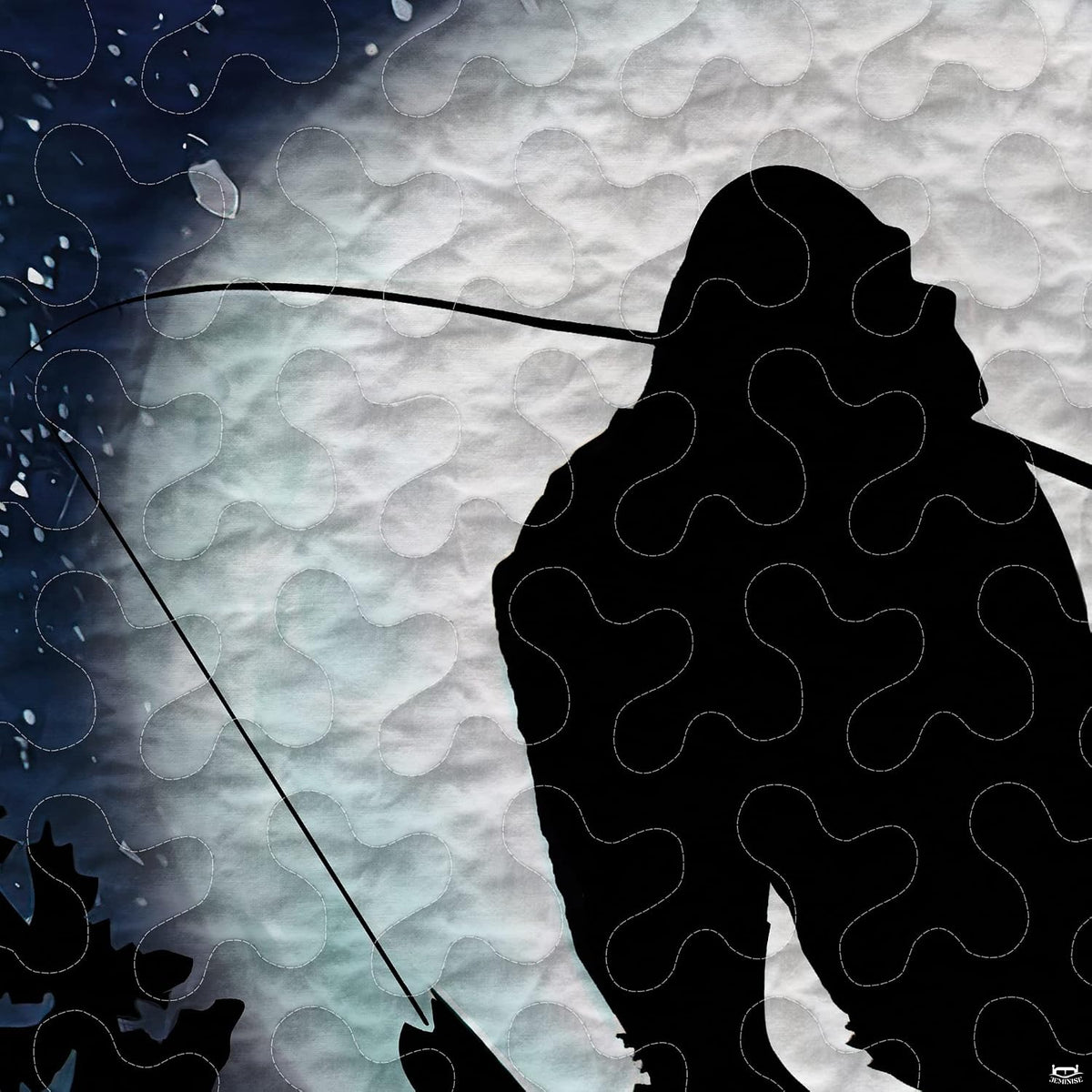 Close-up perspective of Bigfoot bedding detailing luminous moon glow, fishing rod silhouette, and lake blue water