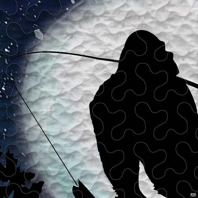 Close-up perspective of Bigfoot bedding detailing luminous moon glow, fishing rod silhouette, and lake blue water