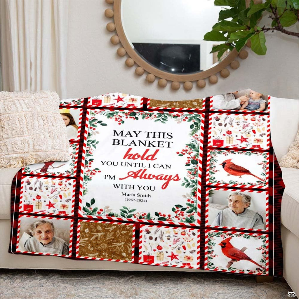 Commemorative red cardinal and winter flora artwork draped on living room furniture