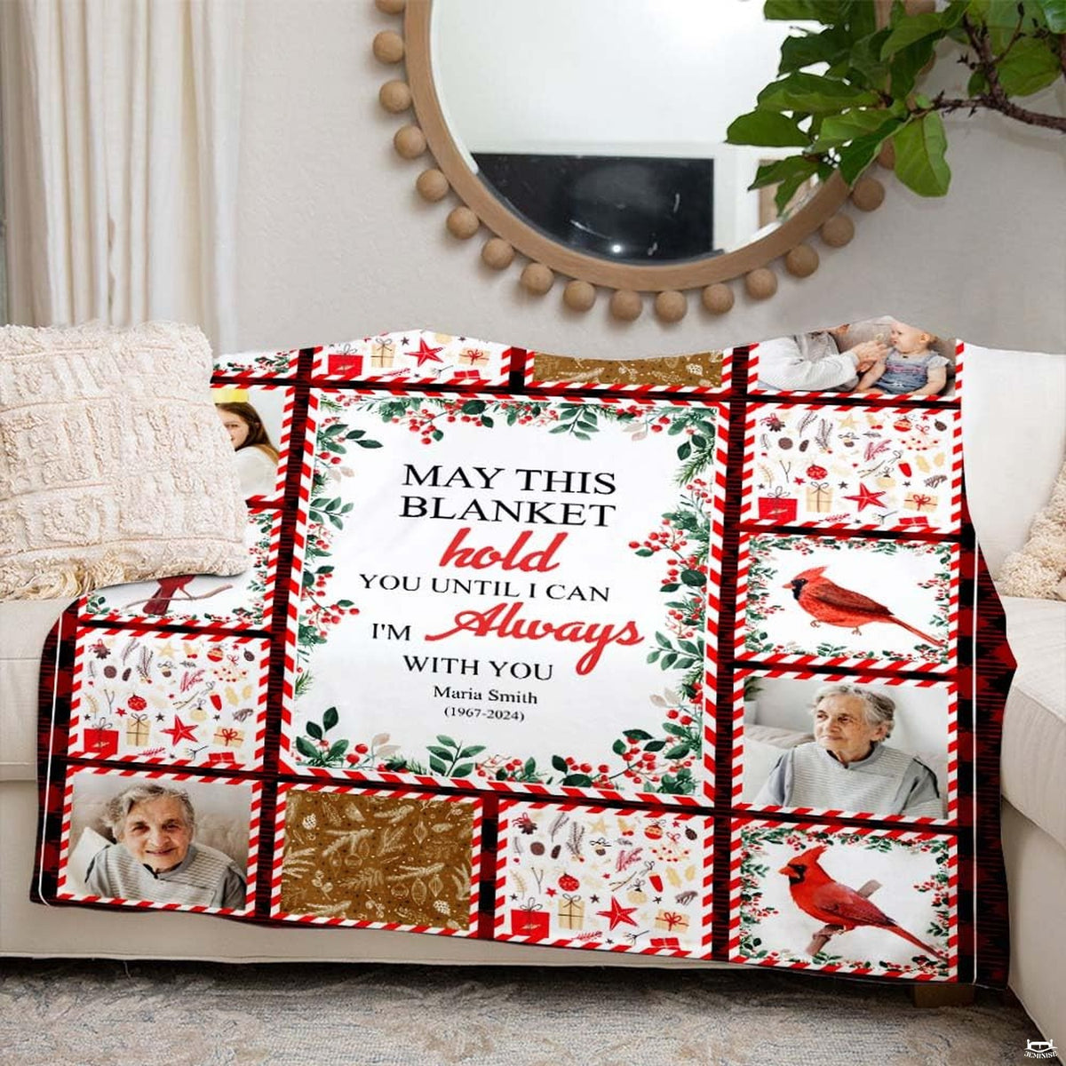Commemorative red cardinal and winter flora artwork draped on living room furniture
