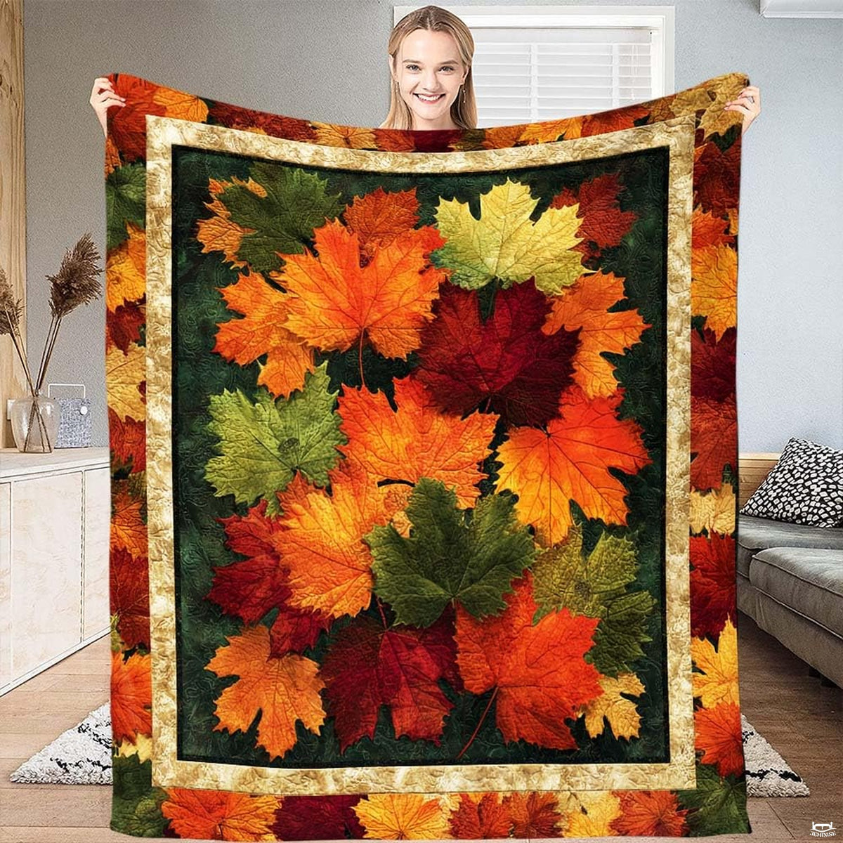 Vibrant fall foliage throw blanket draped over living room armchair