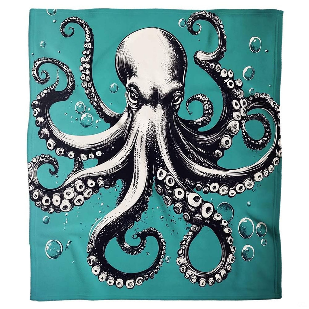 Close-up of ink line kraken tentacle engraving and suction cups on turquoise teal country cottage bedding sets.