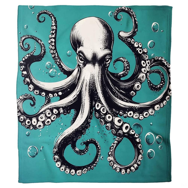 Close-up of ink line kraken tentacle engraving and suction cups on turquoise teal country cottage bedding sets.