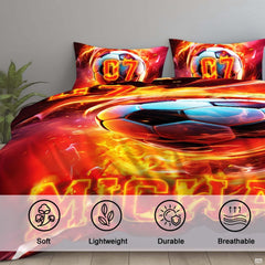 Side angle view of fire and ice soccer bedding styled with athletic room accents and furniture