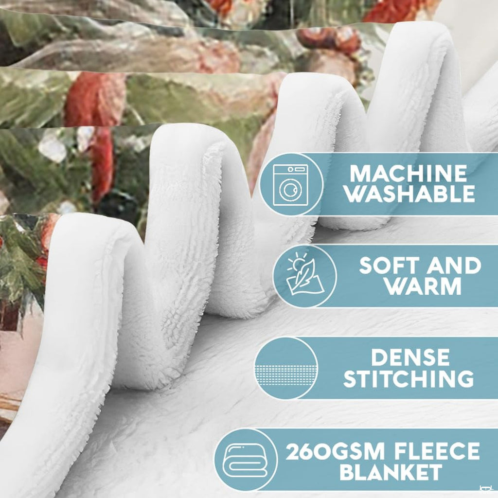 Infographic detailing material properties and wash instructions for holiday throw blanket.