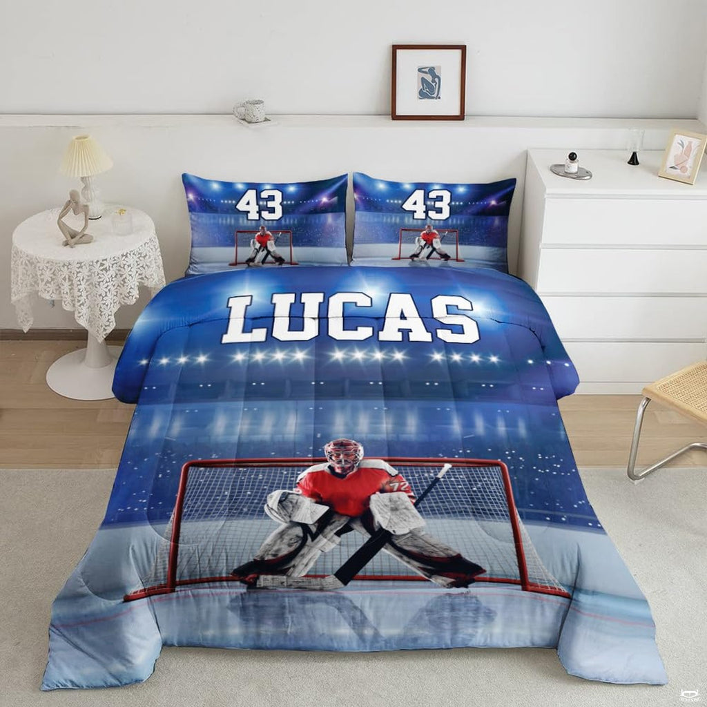 Royal blue and red ice hockey goalie sports bedding set displayed neatly on a bed in a modern youth bedroom