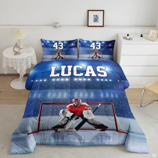 Royal blue and red ice hockey goalie sports bedding set displayed neatly on a bed in a modern youth bedroom
