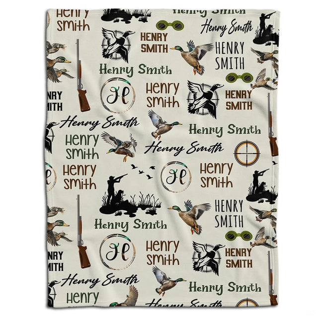 Mallard ducks and sporting shotguns over neutral beige backdrop.