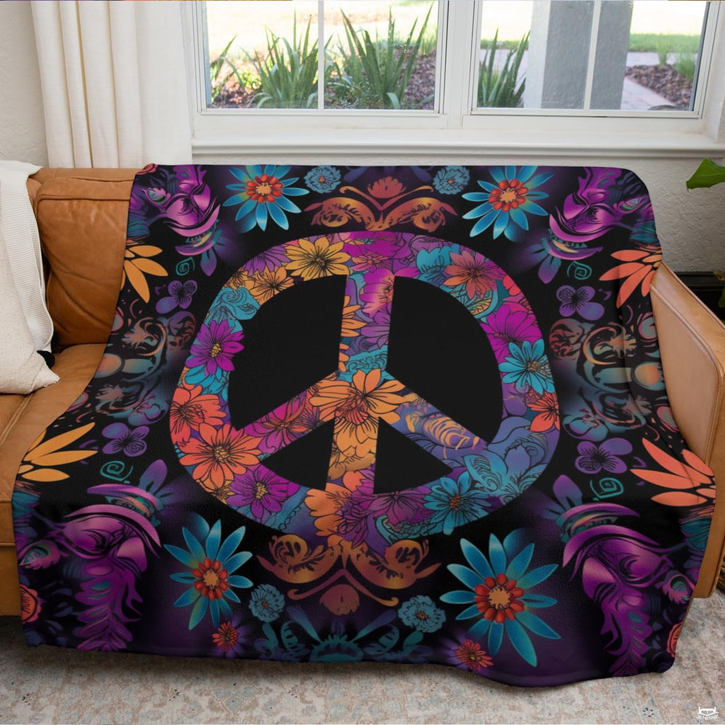 Angle view highlighting glowing purple and turquoise botanical artwork of the peace bedding set.